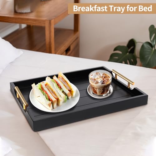 Large Black Wooden Serving Tray with Handles - Rustic Home Decor