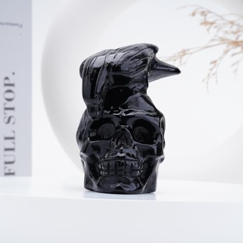 Obsidian Crystal Skull & Crow Hand Carved Statue - 3 Inch Reiki Healing Decor