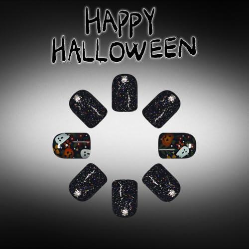 Halloween Press On Nails Short Square Black with Flower Ghost Pumpkin - Style3