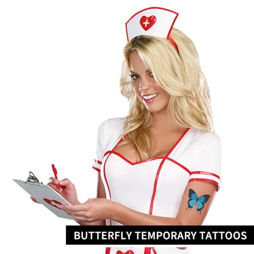Blue Butterfly Temporary Tattoos Set - 6 Sheets for Halloween Nurse Costume & Cosplay
