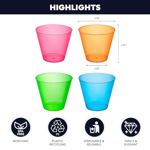 Neon Plastic Cups Assorted Colors 100 Count Pack of 6 - Reusable Partyware