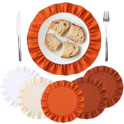Orange Beige Round Fall Placemats Set of 6 - 15 Inch Ruffled Fabric Table Decor