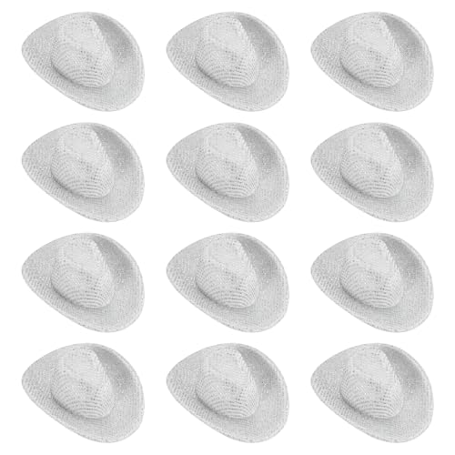 Mini Cowboy Hats Set - 12 White Glitter Dot Western Accessories, 2.6x2.2 Inch