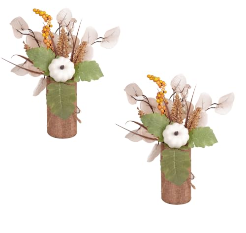 White Fall Centerpieces for Tables Set of 2 - Autumn Pumpkin Eucalyptus Decor