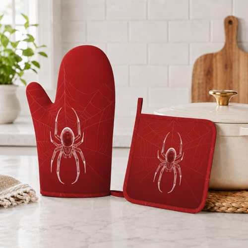 Halloween Spider Web Oven Mitts and Pot Holders Set - Silicone Heat Resistant Kitchen Gloves