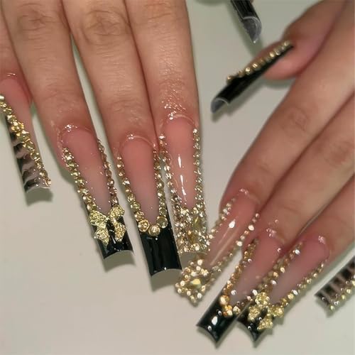 Extra Long Square Press-On Nails with Gold Bow & Rhinestones - Black French Tip - Hearts 2 Variation