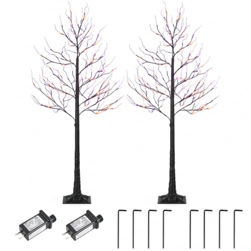 6FT LED Lighted Halloween Tree 2-Pack with Orange & Purple Lights - Indoor Outdoor Decor