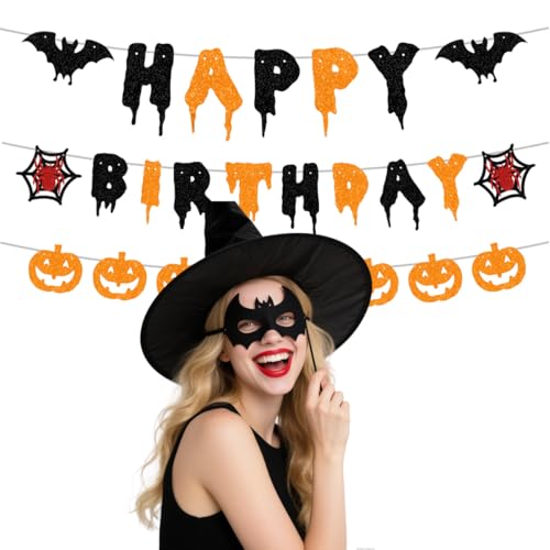 Halloween Birthday Banner with Glitter Black & Orange Decorations
