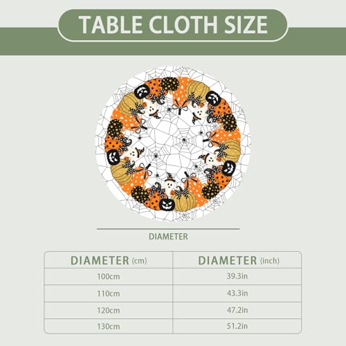 Halloween Round Fitted Tablecloth with Elastic - White & Gold Pumpkin Pattern, 43 Inch