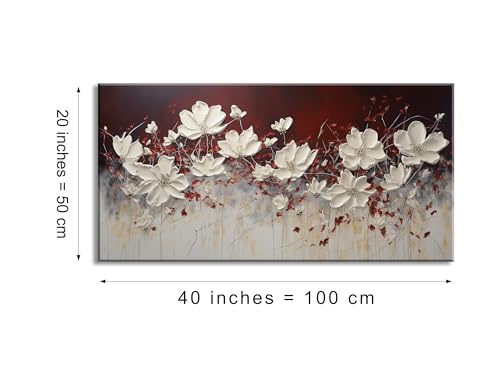 Wall Art Canvas - White Flowers on Red Background, 20x40 Inches - Frame Included (H050)