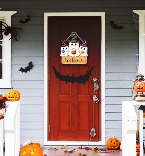 Halloween Wooden Door Sign Cute Ghosts Welcome Plaque Decor