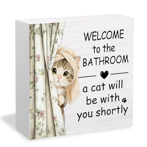 Cat Bathroom Decor Wooden Sign - Cat Lover Gift, Rustic Kitten Wall Art, 5x5 Inch - Variation of This Listing