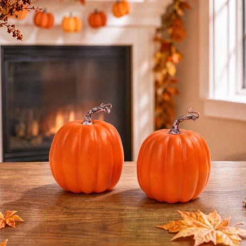 Artificial Pumpkin Set - 4 Large Orange Fall Decorations for Halloween Thanksgiving Christmas