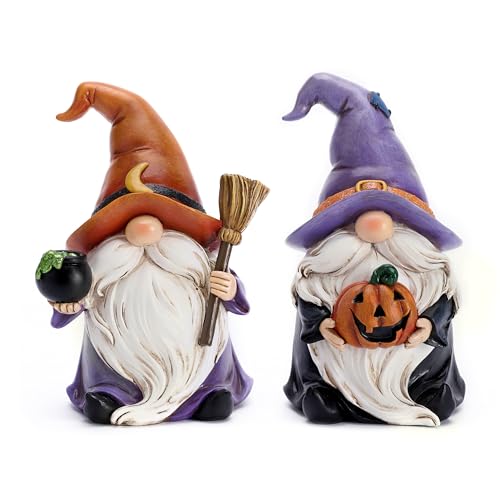 Large Halloween Gnome Decor Set - 2 Resin Figurines with Witch Hat & Broom, Indoor & Outdoor - Valery Madelyn