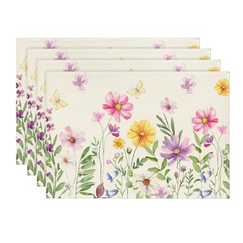 Rectangular Floral Butterfly Placemats Set of 4 - 12x18 Inches Beige Summer Decor