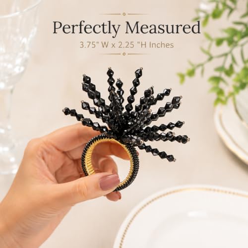 Beaded Napkin Rings Set of 12 - Black Glass and Metal Dining Accessories