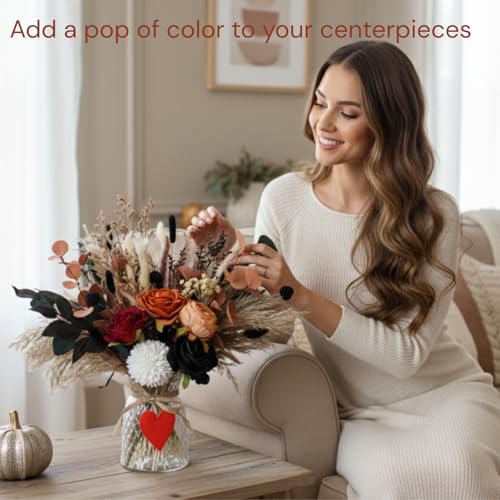 Fall Dried & Artificial Floral Centerpiece in Vase – Orange Bouquet for Thanksgiving & Xmas Decor