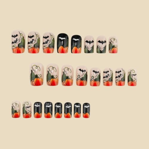 Halloween Press-On Nails Medium Square Pumpkin & Bat Design Black Nude Variation - 24 Pcs