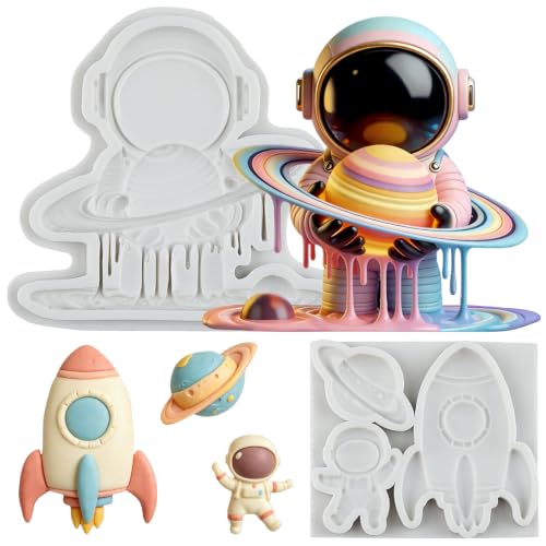 Space Themed Fondant Molds Set of 2 - Astronaut, Rocket & Planet Silicone Cake Decorations - Style B