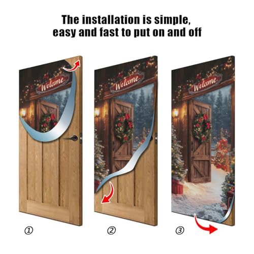 Welcome Christmas Door Cover - Stretch Fabric Porch Decor 35x79 Inches - Holiday Doorway Decoration