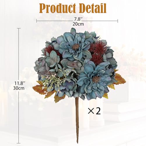 Artificial Fall Flower Bouquet 2 Pack - Blue Silk Dahlia Hydrangea Stems for Home Decor & Weddings
