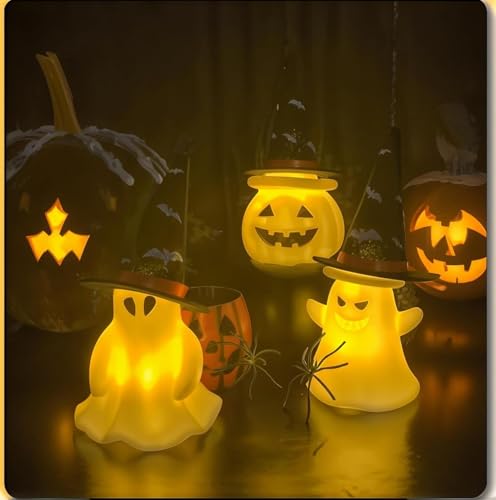 Light Up Ghost Pumpkin Figurine Set - Halloween Decor with Witch Hats - Classic Variation