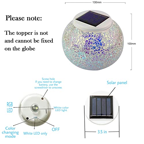 Solar Powered Color Changing Mosaic Glass Table Lamp Waterproof Night Light - White, Crackle Glass