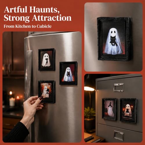 Halloween Ghost Fridge Magnets Set - Wooden Framed Cartoon Wall Decor for Kitchen & Refrigerator