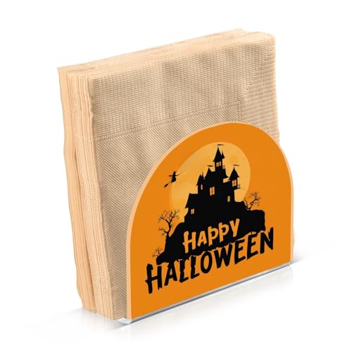 Halloween Witch Castle Orange Napkin Holder - Acrylic Standing Dispenser for Kitchen & Dining Tabletop Halloween Decor
