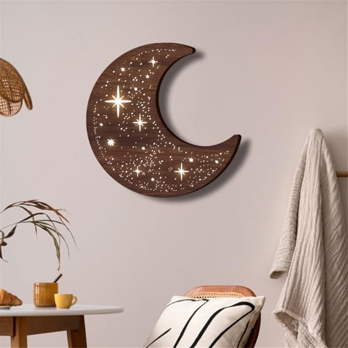 Wooden Moon Phase Wall Art Decor with LED Night Light - Variation A