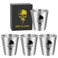 Silver Stainless Steel Shot Glasses with Skull Design - Set of 4, 70 ml, Gift Box, Gothic Party Drinkware