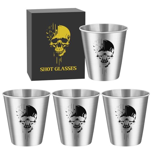 Silver Stainless Steel Shot Glasses with Skull Design - Set of 4, 70 ml, Gift Box, Gothic Party Drinkware