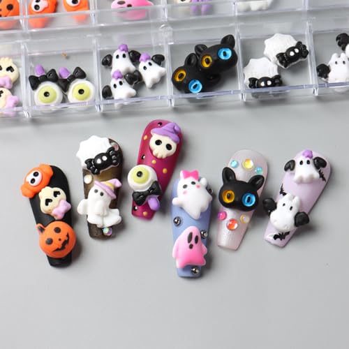 Halloween Nail Charms Ghost Pumpkin Bat Ghost Cat DIY Nail Art Decorations - Variation: Bat Ghost