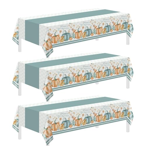 Blue Pumpkin Thanksgiving Tablecloths 3 Pack 54 x 108 Inches Disposable Plastic