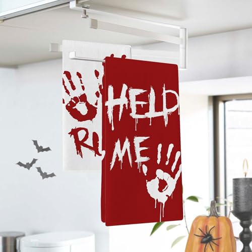 Halloween Bloody Hand Prints Kitchen Dish Towels Set of 2 - Run
