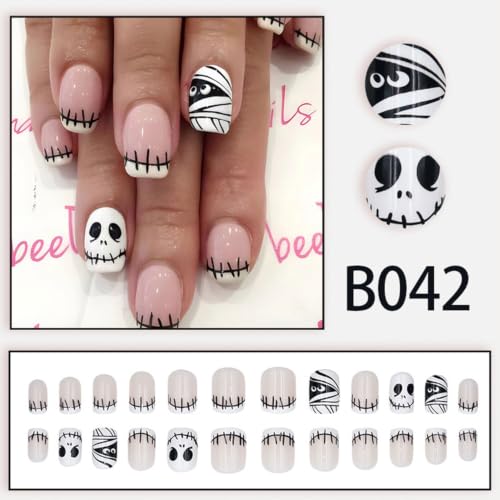 Halloween Press On Nails Short Square Fake Nails with Ghost Design - Purple Pink Black Variation 17