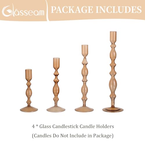 Tall Glass Candlestick Holders Set with 4 Sizes - Fall Decor, Amber Variation 2 (S+M+L+XL)