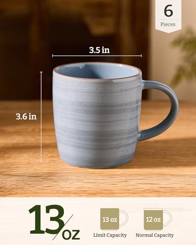 Meteor Blue Gray Coffee Mug Set of 6 - 13oz Ceramic Cups with Handle, Dishwasher & Microwave Safe