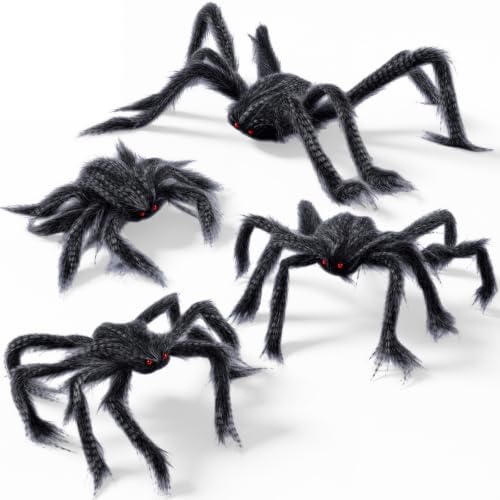 Halloween Spider Decorations Set - Black & White, 4 Pcs with Various Sizes - Creepy Indoor & Outdoor Decor
