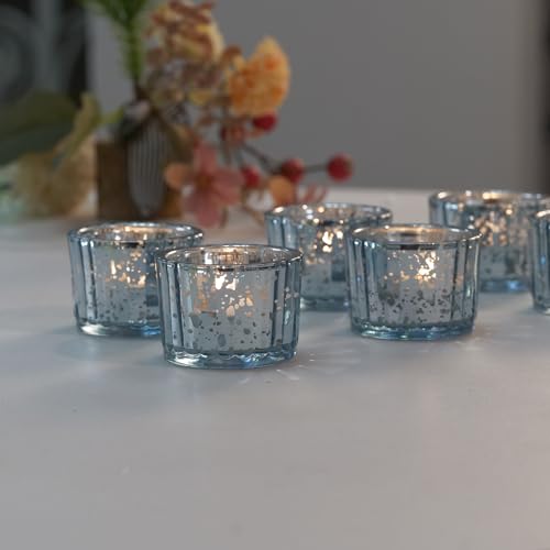 Blue Votive Candle Holders Set of 12 - Retro Embossed Glass Tea Light Decor