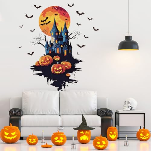 Halloween Haunted Castle Wall Decals Spooky Pumpkin Bat Wall Stickers - Halloween Party Decorations