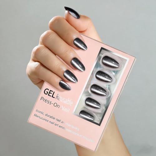 Grey Crystal Black Cat Eye Press On Nails - Medium Almond, 32 Count