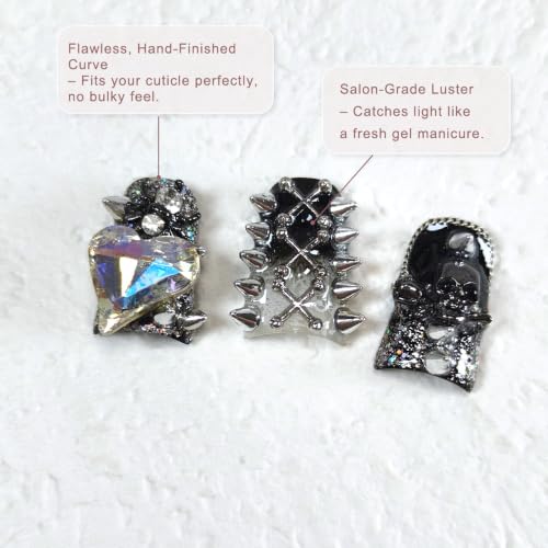 Short Duck Press On Nails Black with Skull and Studs - L Variation
