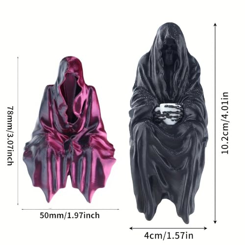 Halloween Gothic Decor Sitting Statue Set - Faceless Hooded Figures - 4" Black & Purple Figurines for Spooky Home Decor