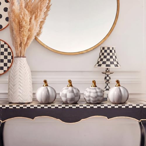 DoubleFill White Checkered Stripe Ceramic Pumpkins Fall Centerpiece - Gray & White, 6 Pieces