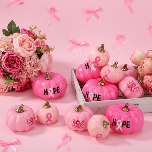 Breast Cancer Awareness Pumpkin Decor Set with Pink Ribbon - Fall Halloween Table Decorations - 12 Faux Foam Pumpkins