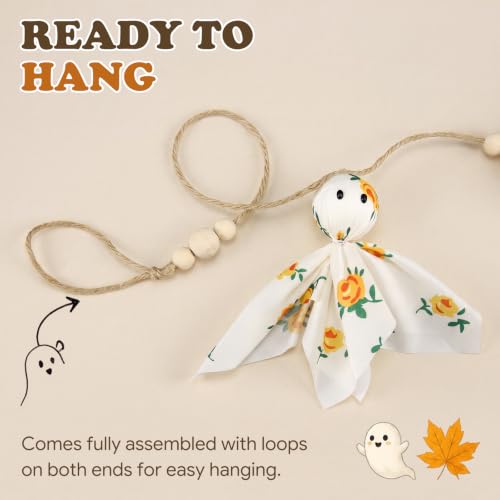 7 ft Halloween Ghost Banner Garland with Fabric Ghosts & Wooden Beads - Festive Home Decor