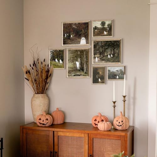 Halloween Wall Art Prints - Cute Ghost in Vintage Autumn Landscape - Fun Ghost Variation