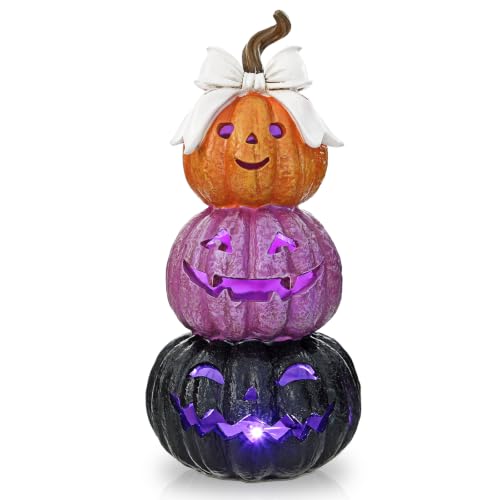 Fall Halloween LED Jack O' Lantern Pumpkin 3-Tier Resin Decor with Bow