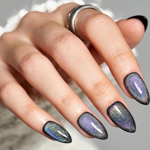 evpct Black Iridescent Colorful Glitter Cat Eye Press-On Nails Short Almond 24Pcs